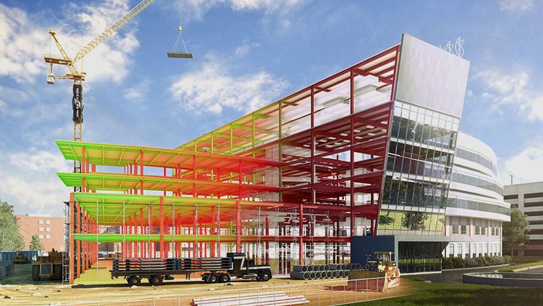 Rendering of the BIM City Westside Hospital data set illustrating a structural view.