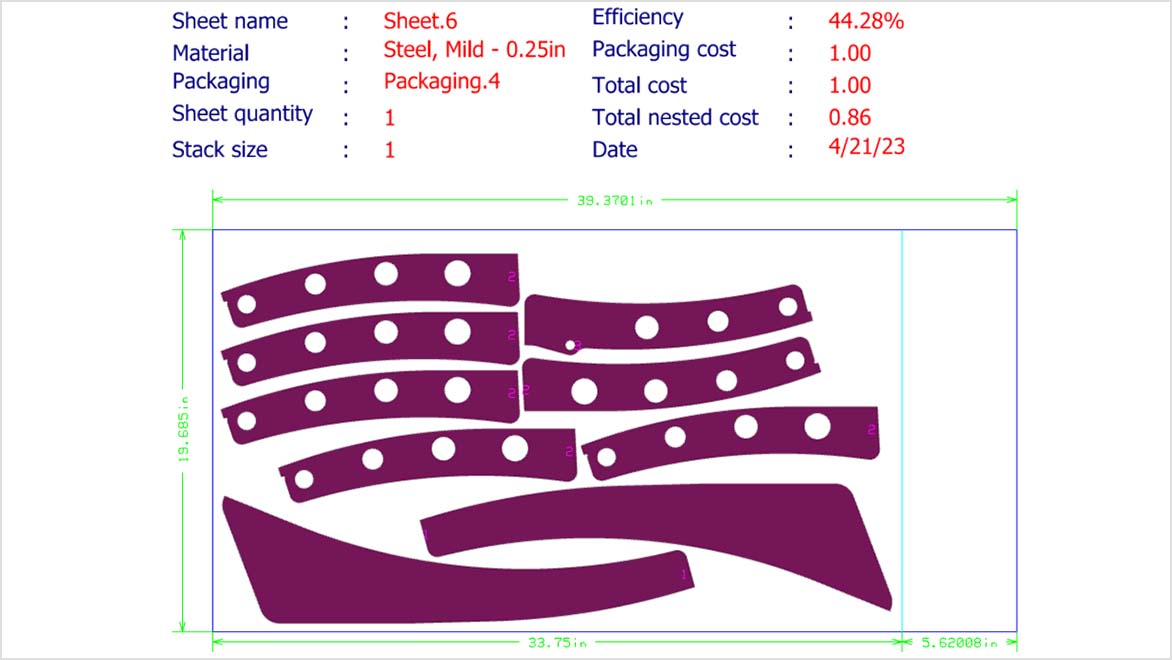 Multiple sheets generated in Autodesk Inventor Nesting to reduce raw material waste 