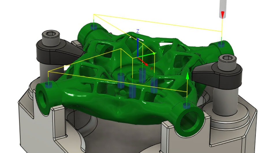 Generative design software user interface displaying a model of a machine part